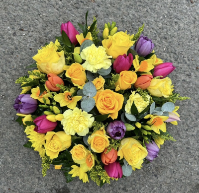 Spring posy pad - A posy pad tribute for a funeral in spring colours