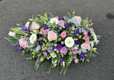 Single ended spray - pink, purple & whites - A single ended funeral spray in pinks, purple and whites